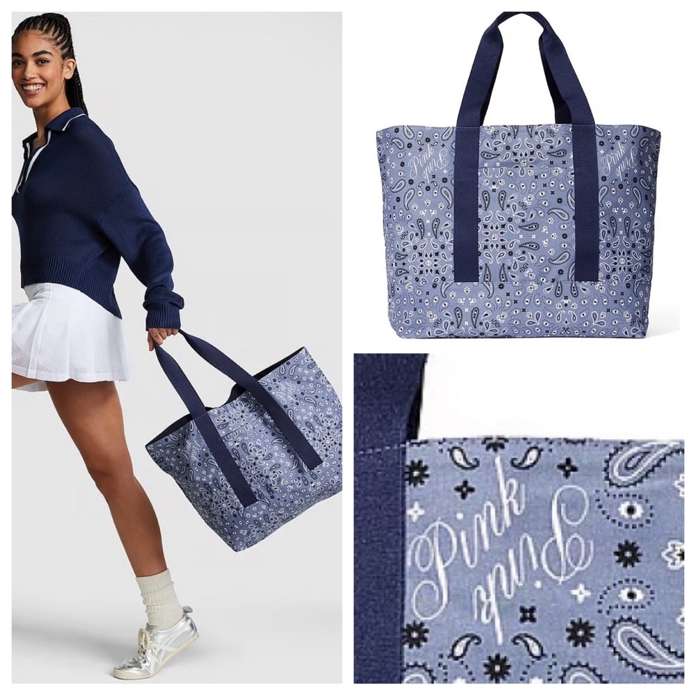 VS VICTORIAS SECRET PINK REVERSIBLE TOTE TRAVEL BAG BLUE PAISLEY PRINT